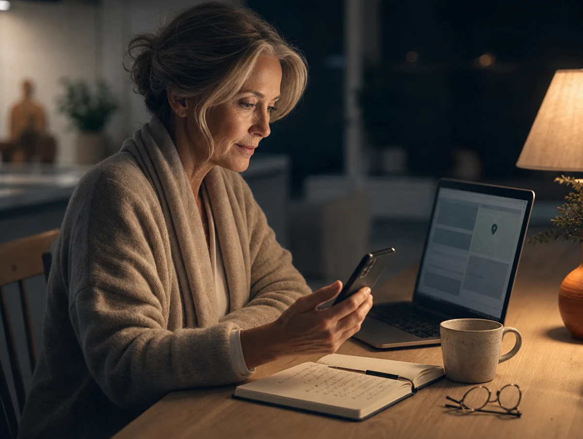 A woman researching care options late at night, laptop and phone side by side.