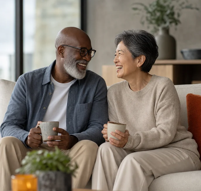Two housemates laughing together on a sofa with mugs of tea in a group home living room.