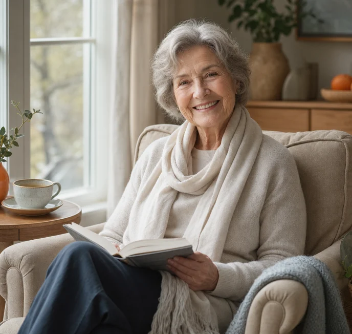An adult relaxing in an armchair at home beside a sunlit window.