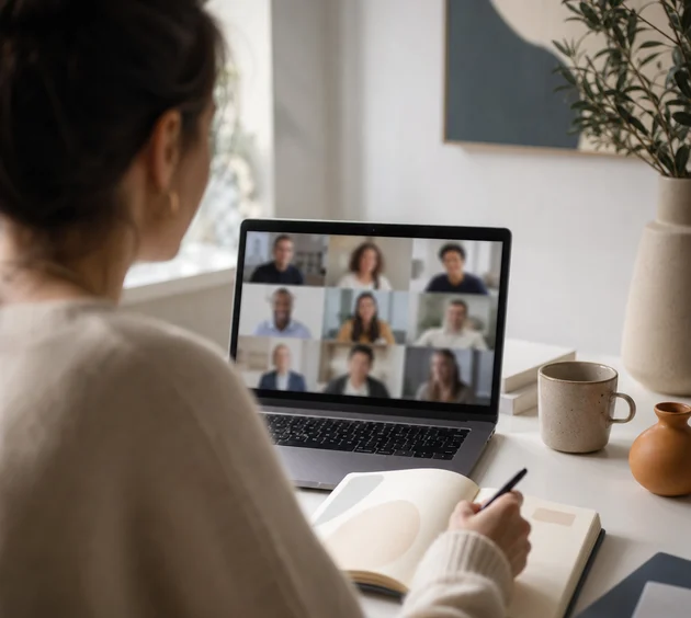 Someone on a video call with a team, taking notes in a notebook.