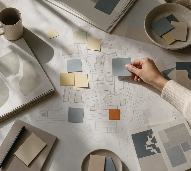 A hand placing sticky notes onto a hand-drawn site map spread across a desk.
