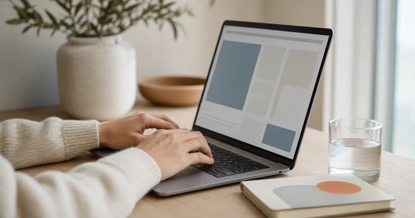 Hands typing on a laptop showing a page layout taking shape.