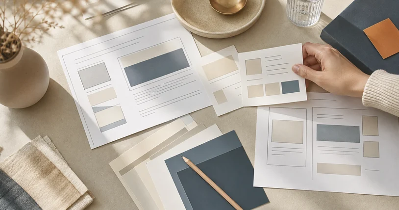 Wireframe sketches of web page layouts and colour swatches arranged on a designer's desk.