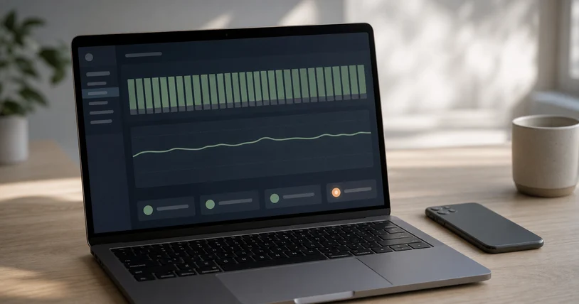 A laptop showing an uptime monitoring dashboard with steady healthy graphs.