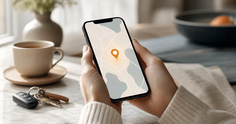 Hands holding a phone showing a map with a single location pin.