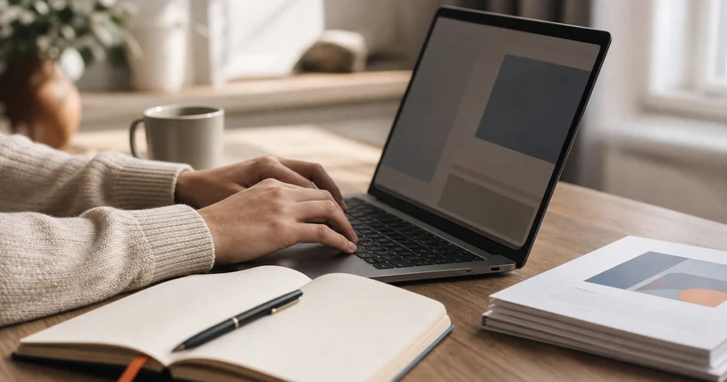 Hands writing at a laptop beside an open notebook and printed pages.